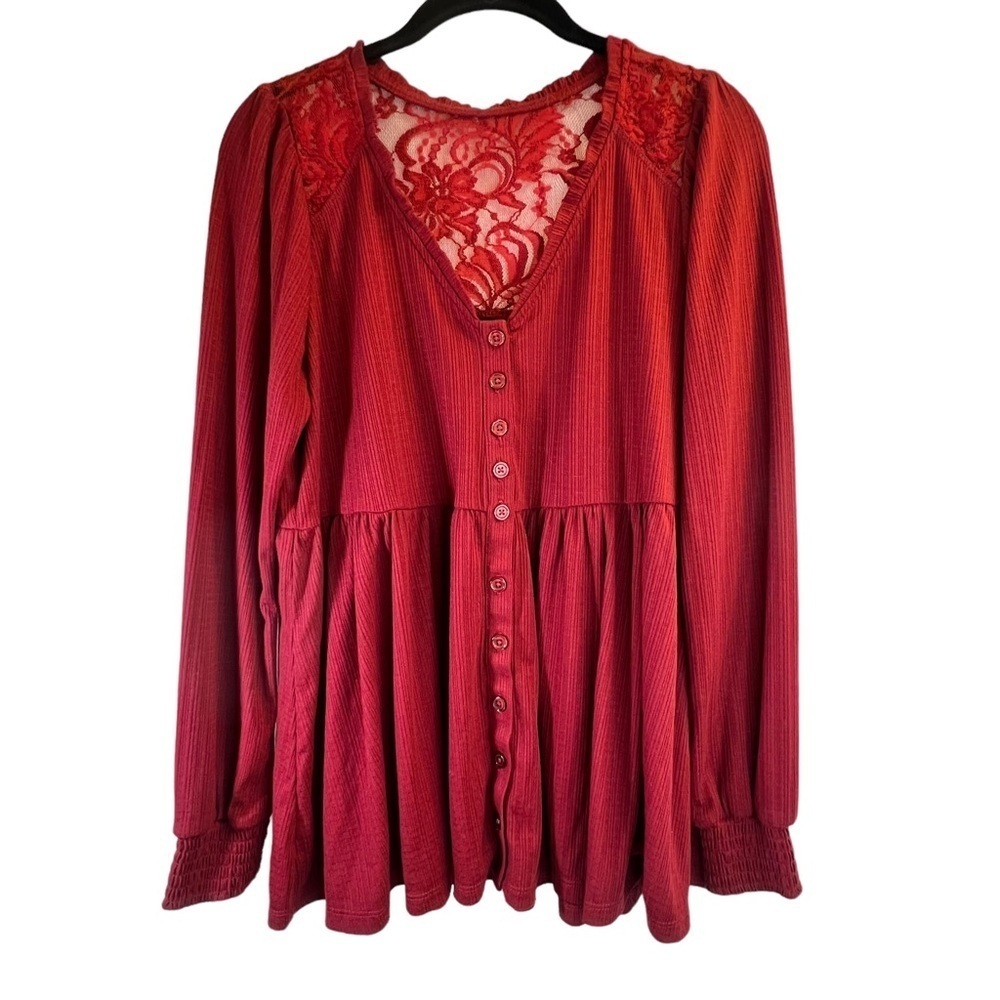 Torrid Women's Top M/L Red Babydoll Knit V-Neck Button Front Lace Peasant Sleeve